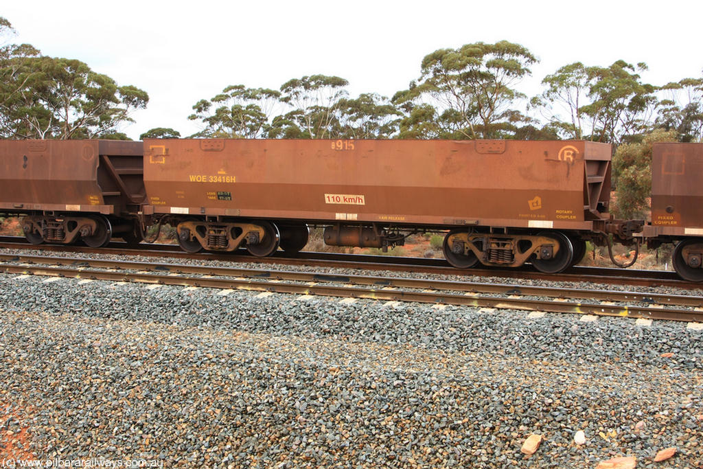 100822 5870
WOE type iron ore waggon WOE 33416 is one of a batch of one hundred and forty one built by United Group Rail WA between November 2005 and April 2006 with serial number 950142-121 and fleet number 8915 for Koolyanobbing iron ore operations, Binduli Triangle 22nd August 2010.
Keywords: WOE-type;WOE33416;United-Group-Rail-WA;950142-121;