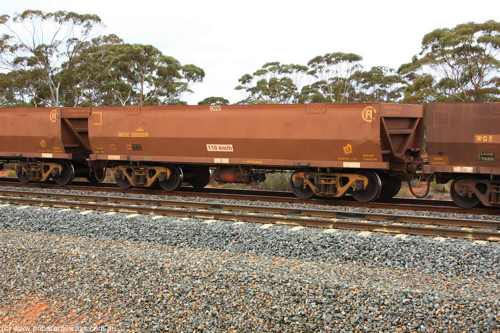 100822 5873
WOE type iron ore waggon WOE 33532 is one of a batch of one hundred and twenty eight built by United Group Rail WA between August 2008 and March 2009 with serial number 950211-072 and fleet number 9025 for Koolyanobbing iron ore operations, Binduli Triangle 22nd August 2010.
Keywords: WOE-type;WOE33532;United-Group-Rail-WA;950211-072;