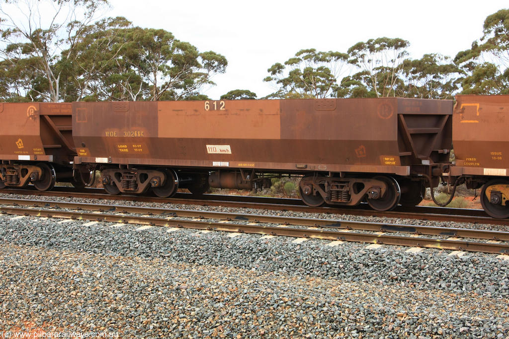 100822 5875
WOE type iron ore waggon WOE 30268 is one of a batch of one hundred and thirty built by Goninan WA between March and August 2001 with serial number 950092-018 and fleet number 612 for Koolyanobbing iron ore operations, Binduli Triangle 22nd August 2010.
Keywords: WOE-type;WOE30268;Goninan-WA;950092-018;