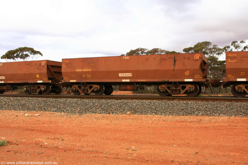 100822 5926
WOE type iron ore waggon WOE 33297 is one of a batch of one hundred and forty one built by United Goninan WA between November 2005 and April 2006 with serial number 950142-002 and fleet number 796 for Koolyanobbing iron ore operations, Binduli Triangle 22nd August 2010.
Keywords: WOE-type;WOE33297;United-Goninan-WA;950142-002;