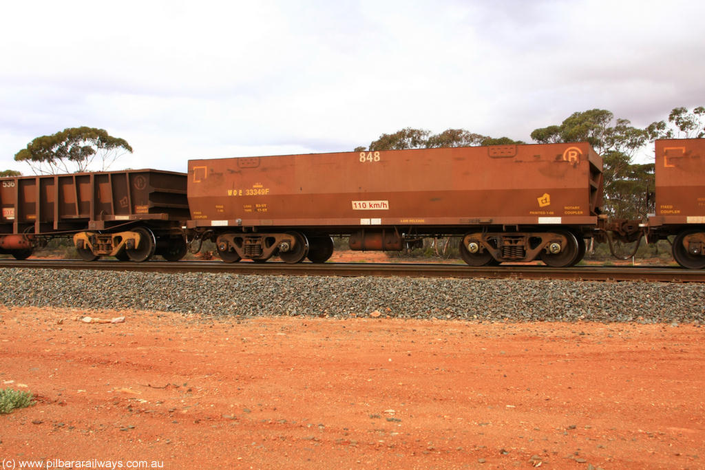 100822 5927
WOE type iron ore waggon WOE 33349 is one of a batch of one hundred and forty one built by United Goninan WA between November 2005 and April 2006 with serial number 950142-054 and fleet number 848 for Koolyanobbing iron ore operations, Binduli Triangle 22nd August 2010.
Keywords: WOE-type;WOE33349;United-Goninan-WA;950142-054;