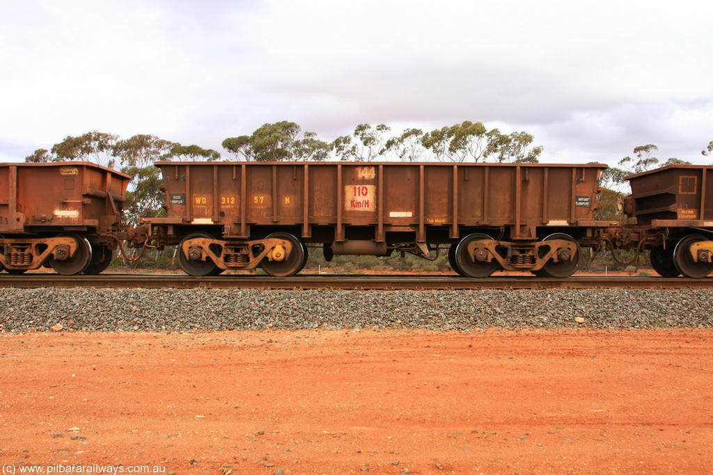 100822 5929
WO type iron ore waggon WO 31257 is one of a batch of eighty six built by WAGR Midland Workshops between 1967 and March 1968 with fleet number 144 for Koolyanobbing iron ore operations, with a 75 ton and 1018 ft³ capacity, Binduli Triangle 22nd August 2010.
Keywords: WO-type;WO31257;WAGR-Midland-WS;