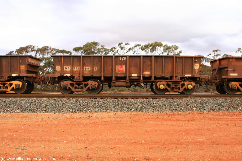 100822 5931
WO type iron ore waggon WO 31299 is one of a batch of fifteen built by WAGR Midland Workshops between July and October 1968 with fleet number 178 for Koolyanobbing iron ore operations, with a 75 ton and 1018 ft³ capacity, Binduli Triangle 22nd August 2010. This unit was converted to WOS superphosphate in the late 1980s till 1994 when it was re-classed back to WO.
Keywords: WO-type;WO31299;WAGR-Midland-WS;WOS-type;