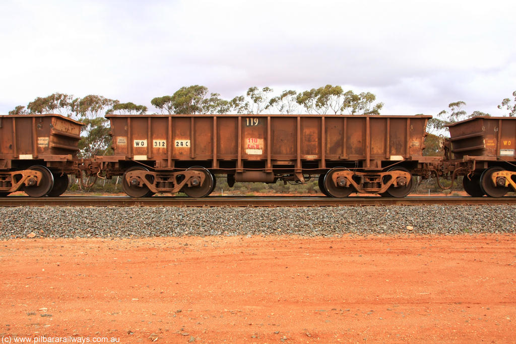 100822 5933
WO type iron ore waggon WO 31224 is one of a batch of eighty six built by WAGR Midland Workshops between 1967 and March 1968 with fleet number 119 for Koolyanobbing iron ore operations, with a 75 ton and 1018 ft³ capacity, Binduli Triangle 22nd August 2010. This unit was converted to WOC for coal in 1986 till 1994 when it was re-classed back to WO.
Keywords: WO-type;WO31224;WAGR-Midland-WS;