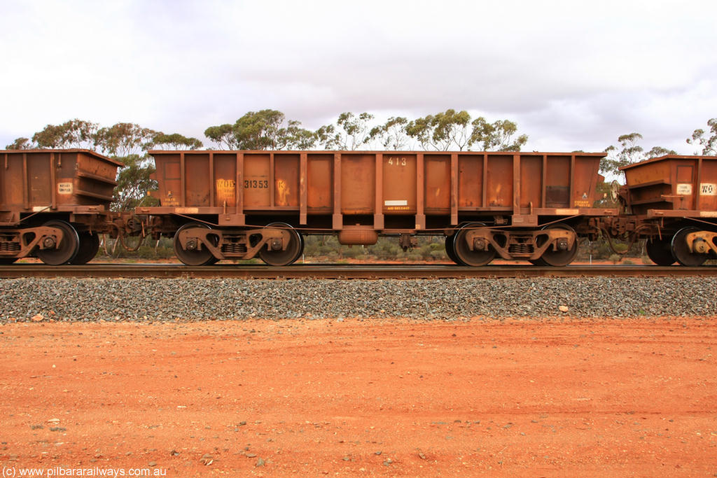 100822 5937
WOC type iron ore waggon WOC 31353 is one of a batch of thirty built by Goninan WA between October 1997 to January 1998 with fleet number 413 for Koolyanobbing iron ore operations with a 75 ton capacity, Binduli Triangle 22nd August 2010.
Keywords: WOC-type;WOC31353;Goninan-WA;