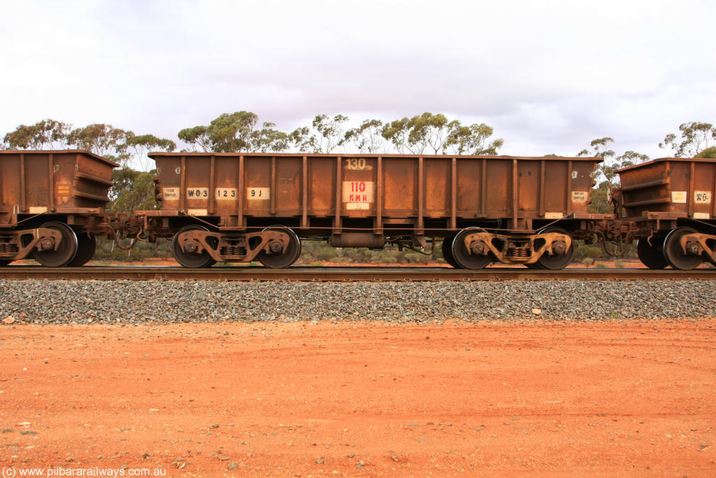 100822 5942
WO type iron ore waggon WO 31239 is one of a batch of eighty six built by WAGR Midland Workshops between 1967 and March 1968 with fleet number 130 for Koolyanobbing iron ore operations, with a 75 ton and 1018 ft³ capacity, Binduli Triangle 22nd August 2010. This unit was converted to WOC for coal in 1986 till 1994 when it was re-classed back to WO.
Keywords: WO-type;WO31239;WAGR-Midland-WS;