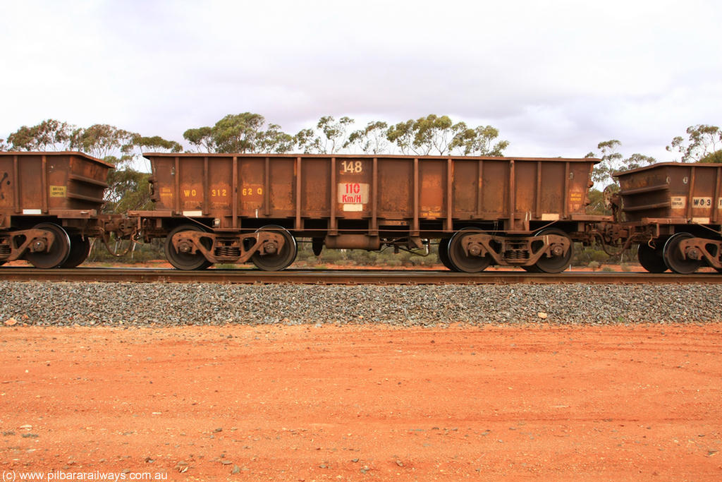 100822 5943
WO type iron ore waggon WO 31262 is one of a batch of eighty six built by WAGR Midland Workshops between 1967 and March 1968 with fleet number 148 for Koolyanobbing iron ore operations, with a 75 ton and 1018 ft³ capacity, Binduli Triangle 22nd August 2010. This unit was converted to WOC for coal in 1986 till 1994 when it was re-classed back to WO.
Keywords: WO-type;WO31262;WAGR-Midland-WS;