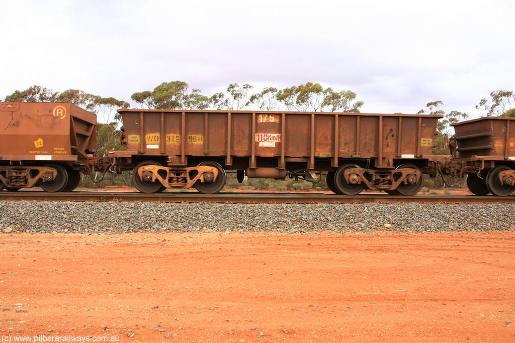100822 5944
WO type iron ore waggon WO 31296 is one of a batch of fifteen built by WAGR Midland Workshops between July and October 1968 with fleet number 175 for Koolyanobbing iron ore operations, with a 75 ton and 1018 ft³ capacity, Binduli Triangle 22nd August 2010. This unit was converted to WOC for coal in 1986 till 1994 when it was re-classed back to WO.
Keywords: WO-type;WO31296;WAGR-Midland-WS;