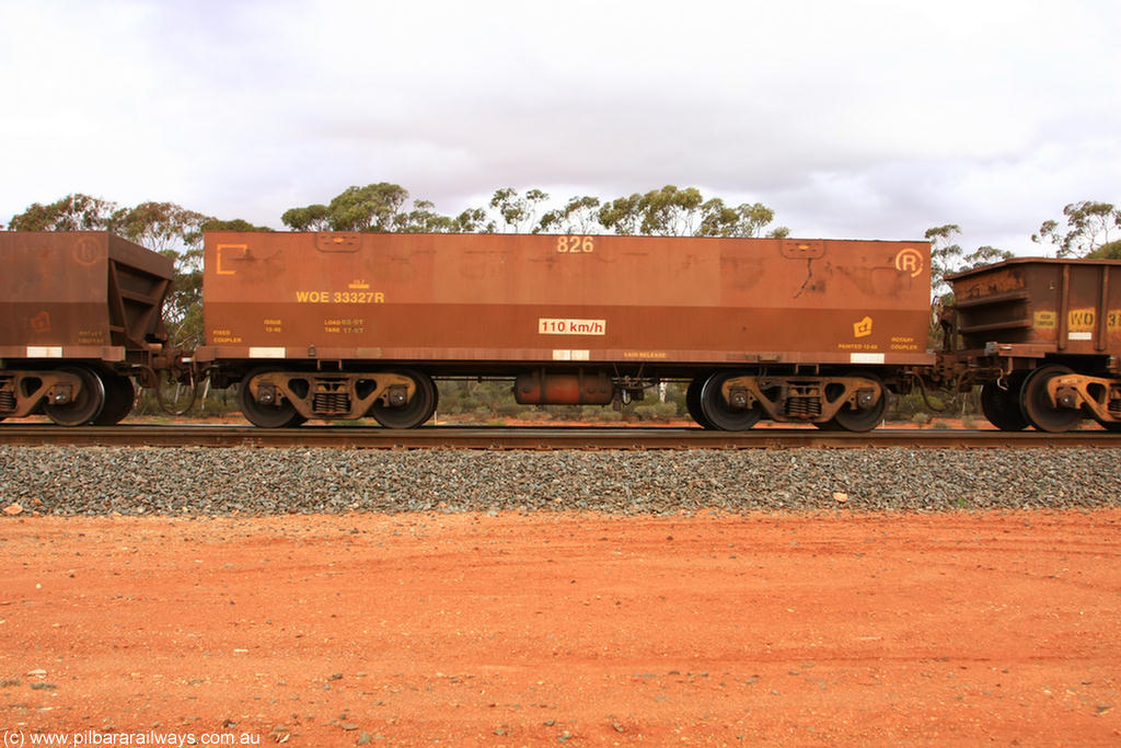 100822 5945
WOE type iron ore waggon WOE 33327 is one of a batch of one hundred and forty one built by United Goninan WA between November 2005 and April 2006 with serial number 950142-032 and fleet number 826 for Koolyanobbing iron ore operations, Binduli Triangle 22nd August 2010.
Keywords: WOE-type;WOE33327;United-Goninan-WA;950142-032;