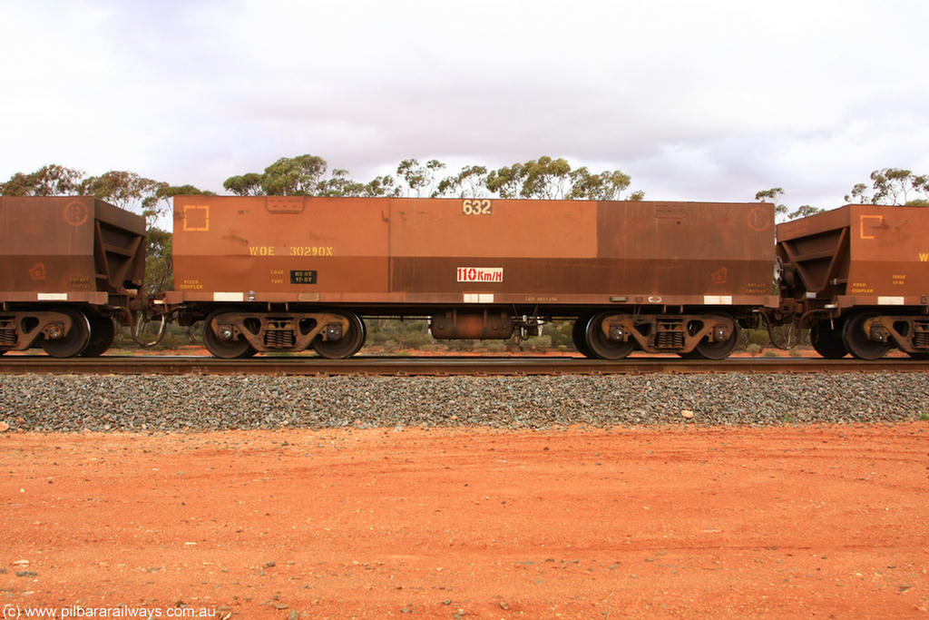 100822 5946
WOE type iron ore waggon WOE 30290 is one of a batch of one hundred and thirty built by Goninan WA between March and August 2001 with serial number 950092-040 and fleet number 632 for Koolyanobbing iron ore operations, Binduli Triangle 22nd August 2010.
Keywords: WOE-type;WOE30290;Goninan-WA;950092-040;
