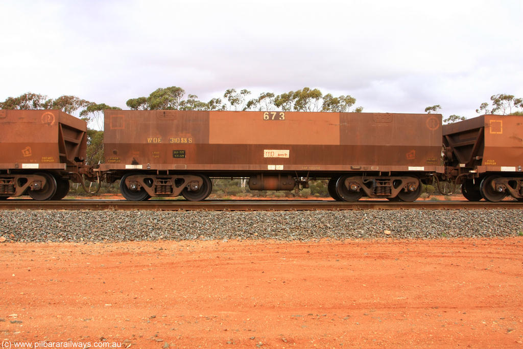 100822 5947
WOE type iron ore waggon WOE 31088 is one of a batch of one hundred and thirty built by Goninan WA between March and August 2001 with serial number 950092-078 and fleet number 673 for Koolyanobbing iron ore operations, Binduli Triangle 22nd August 2010.
Keywords: WOE-type;WOE31088;Goninan-WA;950092-078;