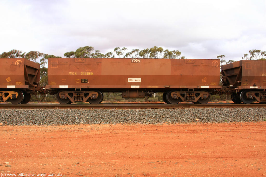 100822 5948
WOE type iron ore waggon WOE 33286 is one of a batch of thirty five built by United Goninan WA between January and April 2005 with serial number 950104-026 and fleet number 785 for Koolyanobbing iron ore operations, Binduli Triangle 22nd August 2010.
Keywords: WOE-type;WOE33286;United-Goninan-WA;950104-026;