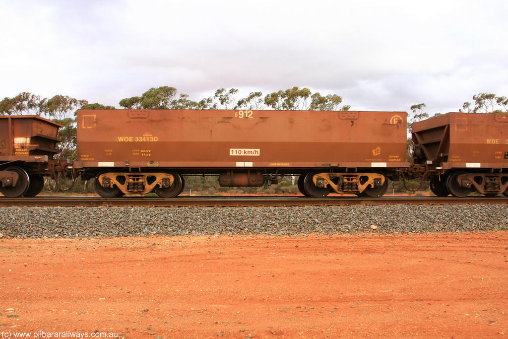 100822 5949
WOE type iron ore waggon WOE 33413 is one of a batch of one hundred and forty one built by United Group Rail WA between November 2005 and April 2006 with serial number 950142-118 and fleet number 8912 for Koolyanobbing iron ore operations, Binduli Triangle 22nd August 2010.
Keywords: WOE-type;WOE33413;United-Group-Rail-WA;950142-118;