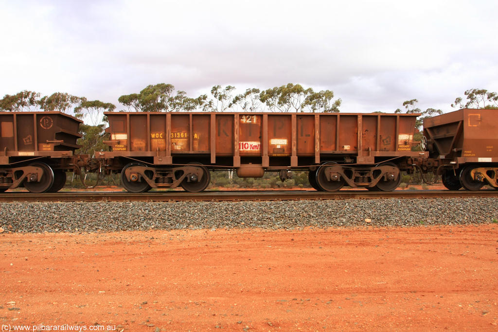 100822 5950
WOC type iron ore waggon WOC 31361 is one of a batch of thirty built by Goninan WA between October 1997 to January 1998 with fleet number 421 and build date of 12/1997, for Koolyanobbing iron ore operations with a 75 ton capacity and lettered for KIPL, Koolyanobbing Iron Pty Ltd 'KIPL', Binduli Triangle 22nd August 2010.
Keywords: WOC-type;WOC31361;Goninan-WA;
