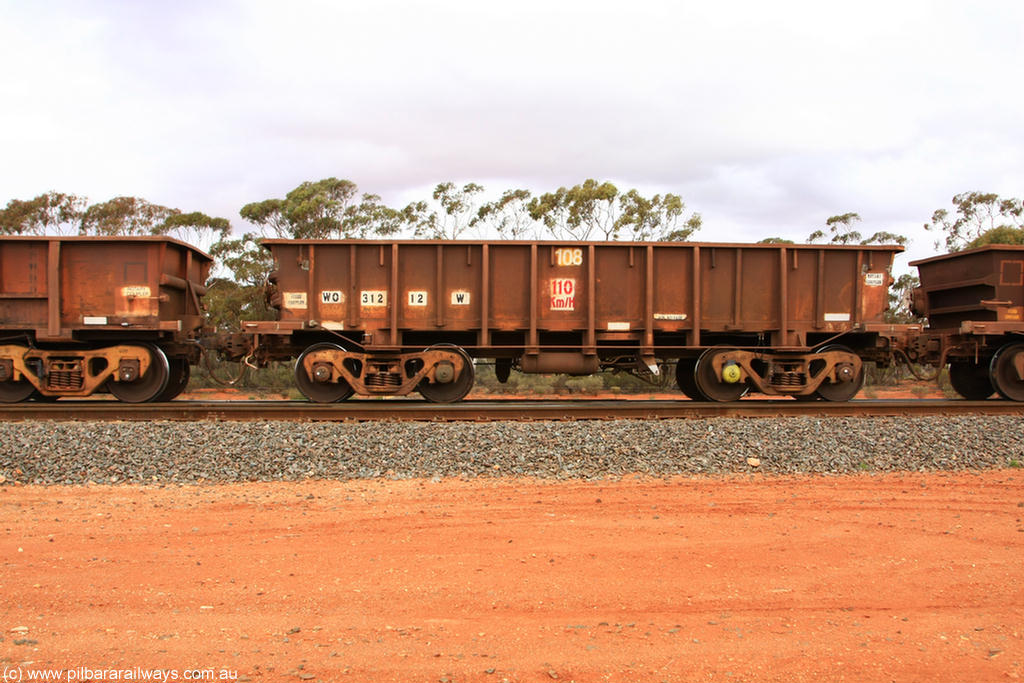 100822 5952
WO type iron ore waggon WO 31212 is one of a batch of eighty six built by WAGR Midland Workshops between 1967 and March 1968 with fleet number 108 for Koolyanobbing iron ore operations, with a 75 ton and 1018 ft³ capacity, Binduli Triangle 22nd August 2010. This unit was converted to WOS superphosphate in the late 1980s till 1994 when it was re-classed back to WO.
Keywords: WO-type;WO31212;WAGR-Midland-WS;WOS-type;