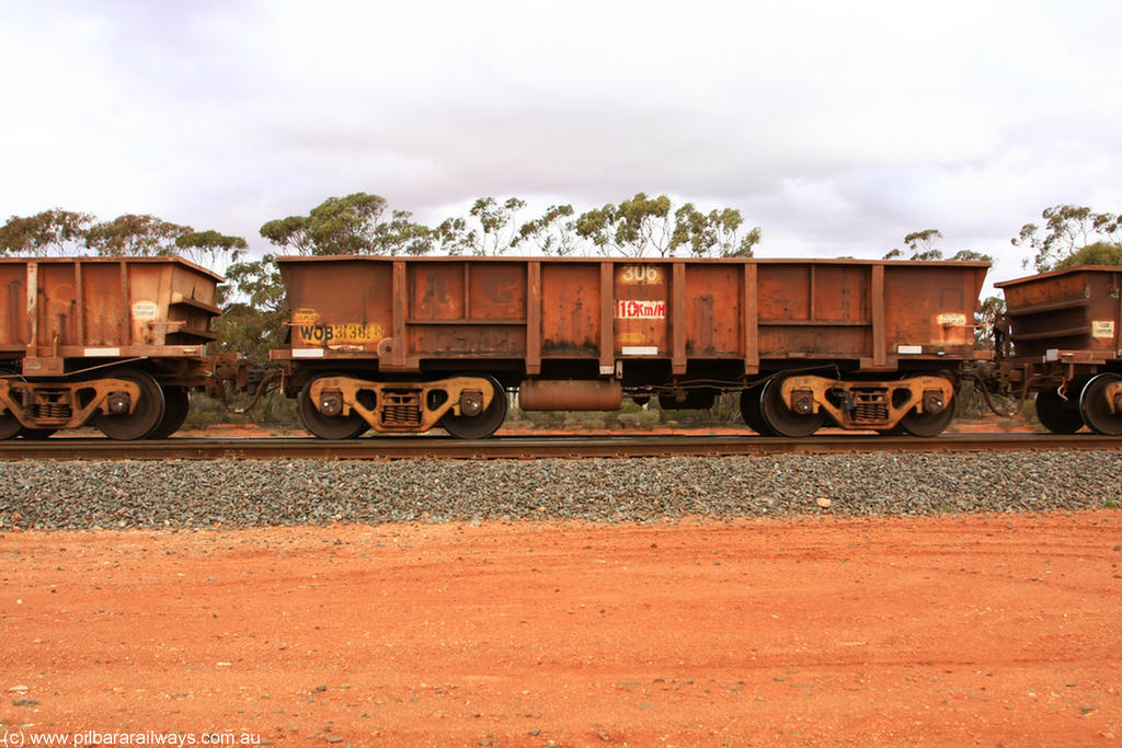 100822 5953
WOB type iron ore waggon WOB 31381 is one of a batch of twenty five built by Comeng WA between 1974 and 1975 and converted from Mt Newman high sided waggons by WAGR Midland Workshops with a capacity of 67 tons with fleet number 306 for Koolyanobbing iron ore operations, Binduli Triangle 22nd August 2010.
Keywords: WOB-type;WOB31381;Comeng-WA;Mt-Newman-Mining;