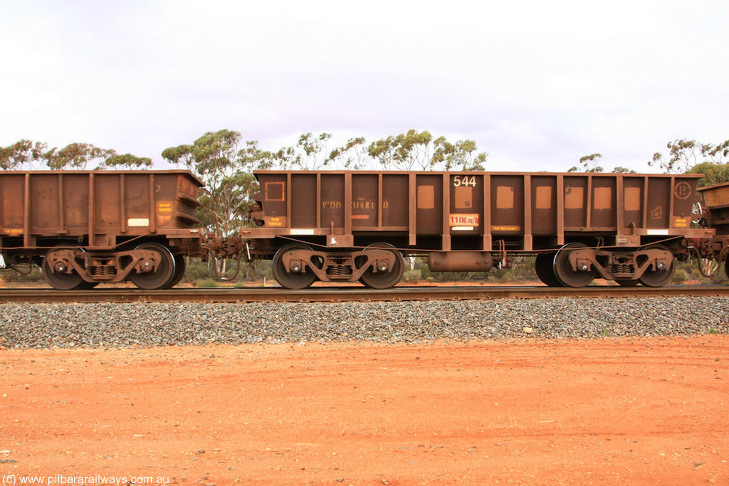 100822 5955
WOD type iron ore waggon WOD 31481 is one of a batch of sixty two built by Goninan WA between April and August 2000 with serial number 950086-053 and fleet number 542 for Koolyanobbing iron ore operations with a 75 ton capacity for Portman Mining to cart their Koolyanobbing iron ore to Esperance, now with PORTMAN painted out, Binduli Triangle 22nd August 2010.
Keywords: WOD-type;WOD31481;Goninan-WA;950086-053;