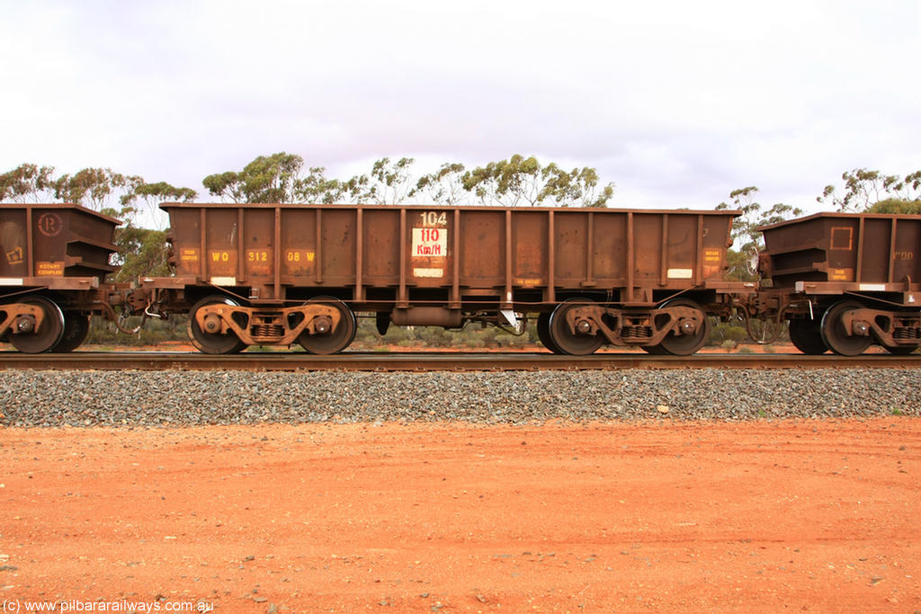 100822 5956
WO type iron ore waggon WO 31208 is one of a batch of eighty six built by WAGR Midland Workshops between 1967 and March 1968 with fleet number 104 for Koolyanobbing iron ore operations, with a 75 ton and 1018 ft³ capacity, Binduli Triangle 22nd August 2010. This unit was converted to WOC for coal in 1986 till 1994 when it was re-classed back to WO.
Keywords: WO-type;WO31208;WAGR-Midland-WS;