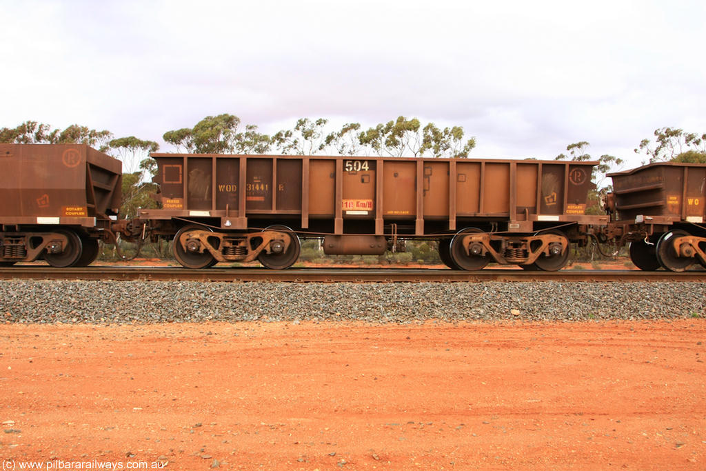 100822 5957
WOD type iron ore waggon WOD 31441 is one of a batch of sixty two built by Goninan WA between April and August 2000 with serial number 950086-013 and fleet number 504 for Koolyanobbing iron ore operations with a 75 ton capacity for Portman Mining to cart their Koolyanobbing iron ore to Esperance, now with PORTMAN painted out, Binduli Triangle 22nd August 2010.
Keywords: WOD-type;WOD31441;Goninan-WA;950086-013;