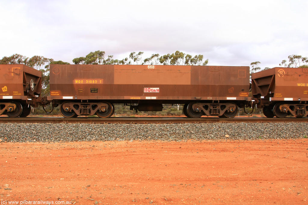100822 5960
WOE type iron ore waggon WOE 31083 is one of a batch of one hundred and thirty built by Goninan WA between March and August 2001 with serial number 950092-073 and fleet number 668 for Koolyanobbing iron ore operations, Binduli Triangle 22nd August 2010.
Keywords: WOE-type;WOE31083;Goninan-WA;950092-073;