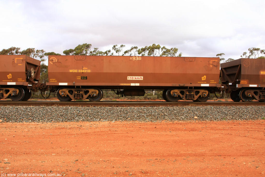 100822 5961
WOE type iron ore waggon WOE 33431 is one of a batch of one hundred and forty one built by United Group Rail WA between November 2005 and April 2006 with serial number 950142-136 and fleet number 8930 for Koolyanobbing iron ore operations, Binduli Triangle 22nd August 2010.
Keywords: WOE-type;WOE33431;United-Group-Rail-WA;950142-136;
