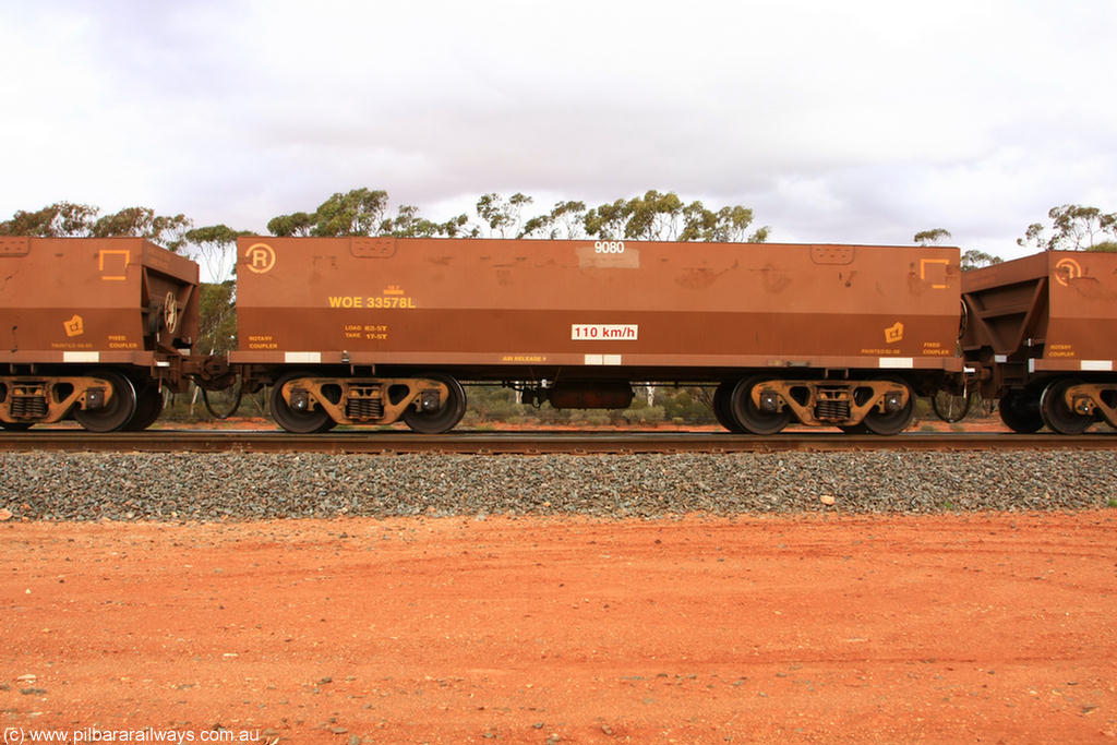 100822 5962
WOE type iron ore waggon WOE 33578 is one of a batch of one hundred and twenty eight built by United Group Rail WA between August 2008 and March 2009 with serial number 950211-118 and fleet number 9080 for Koolyanobbing iron ore operations, Binduli Triangle 22nd August 2010.
Keywords: WOE-type;WOE33578;United-Group-Rail-WA;950211-118;