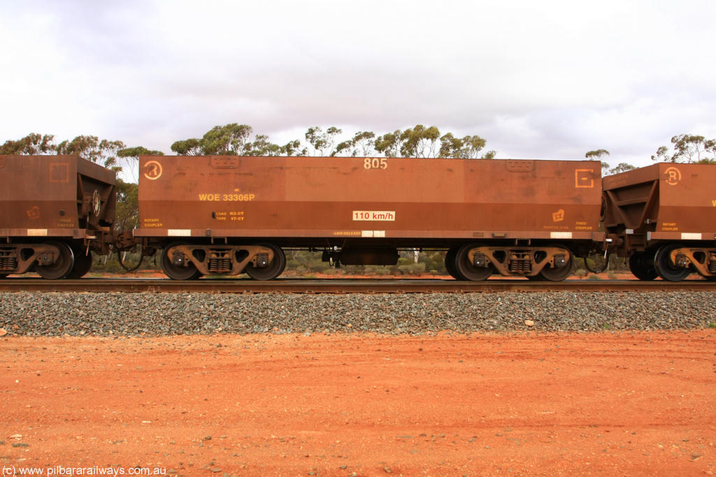 100822 5964
WOE type iron ore waggon WOE 33306 is one of a batch of one hundred and forty one built by United Goninan WA between November 2005 and April 2006 with serial number 950142-011 and fleet number 805 for Koolyanobbing iron ore operations, Binduli Triangle 22nd August 2010.
Keywords: WOE-type;WOE33306;United-Goninan-WA;950142-011;