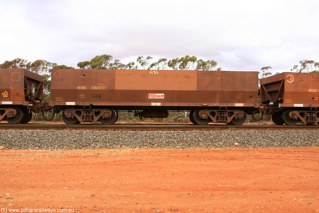 100822 5965
WOE type iron ore waggon WOE 30273 is one of a batch of one hundred and thirty built by Goninan WA between March and August 2001 with serial number 950092-023 and fleet number 616 for Koolyanobbing iron ore operations, Binduli Triangle 22nd August 2010.
Keywords: WOE-type;WOE30273;Goninan-WA;950092-023;