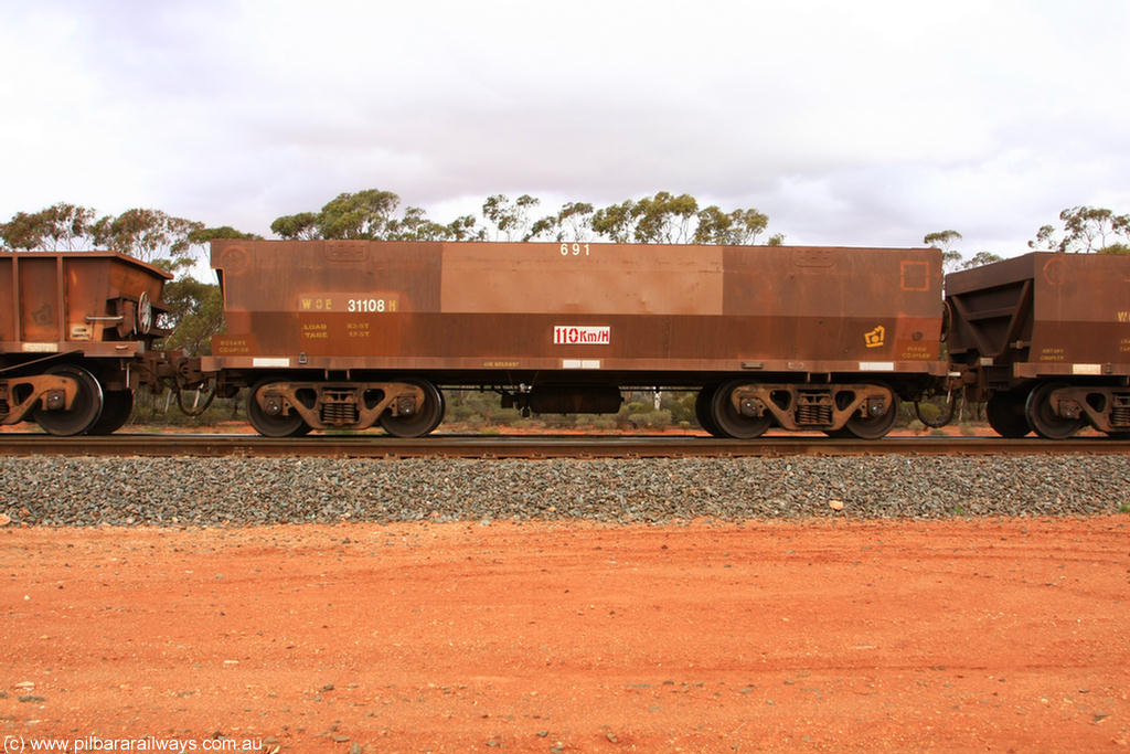 100822 5966
WOE type iron ore waggon WOE 31108 is one of a batch of one hundred and thirty built by Goninan WA between March and August 2001 with serial number 950092-098 and fleet number 691 for Koolyanobbing iron ore operations, Binduli Triangle 22nd August 2010.
Keywords: WOE-type;WOE31108;Goninan-WA;950092-098;