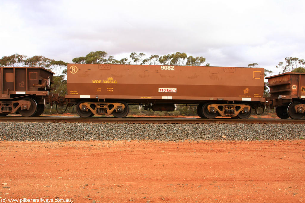 100822 5969
WOE type iron ore waggon WOE 33584 is one of a batch of one hundred and twenty eight built by United Group Rail WA between August 2008 and March 2009 with serial number 950211-124 and fleet number 9082 for Koolyanobbing iron ore operations, Binduli Triangle 22nd August 2010.
Keywords: WOE-type;WOE33584;United-Group-Rail-WA;950211-124;