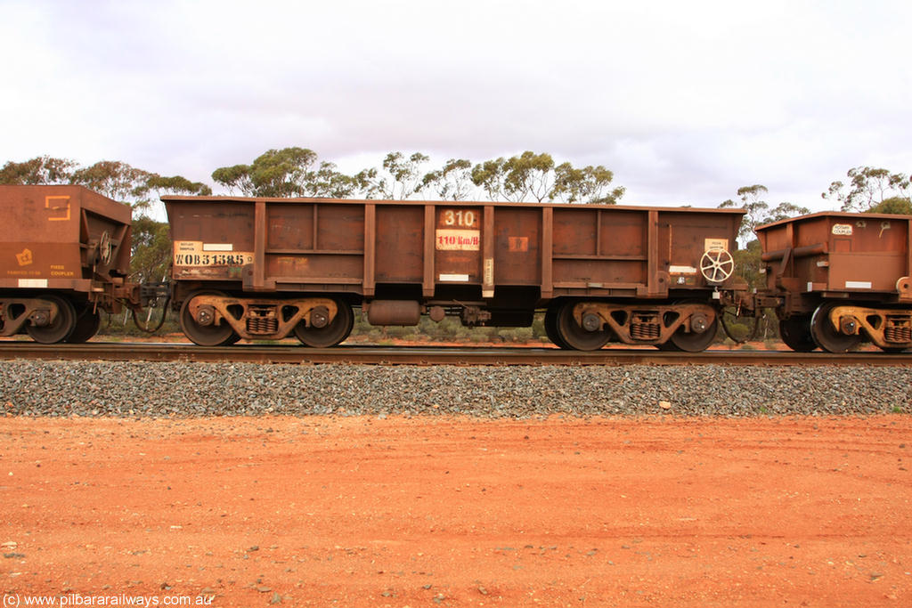 100822 5972
WOB type iron ore waggon WOB 31385 is one of a batch of twenty five built by Comeng WA between 1974 and 1975 and converted from Mt Newman high sided waggons by WAGR Midland Workshops with a capacity of 67 tons with fleet number 310 for Koolyanobbing iron ore operations, Binduli Triangle, 22nd August 2010.
Keywords: WOB-type;WOB31385;Comeng-WA;Mt-Newman-Mining;