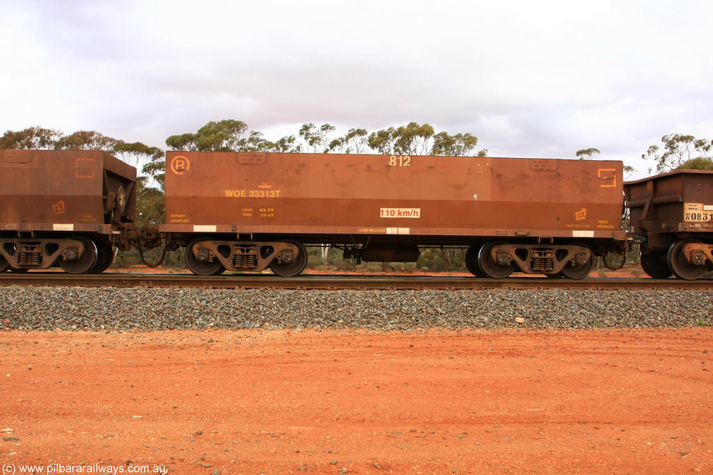 100822 5973
WOE type iron ore waggon WOE 33313 is one of a batch of one hundred and forty one built by United Goninan WA between November 2005 and April 2006 with serial number 950142-018 and fleet number 812 for Koolyanobbing iron ore operations, Binduli Triangle 22nd August 2010.
Keywords: WOE-type;WOE33313;United-Goninan-WA;950142-018;