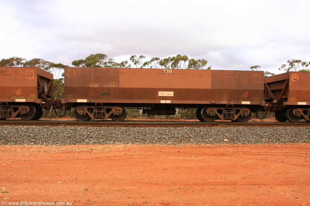 100822 5974
WOE type iron ore waggon WOE 33240 is one of a batch of twenty seven built by Goninan WA between September and October 2002 with serial number 950103-007 and fleet number 739 for Koolyanobbing iron ore operations, Binduli Triangle 22nd August 2010.
Keywords: WOE-type;WOE33240;Goninan-WA;950103-007;