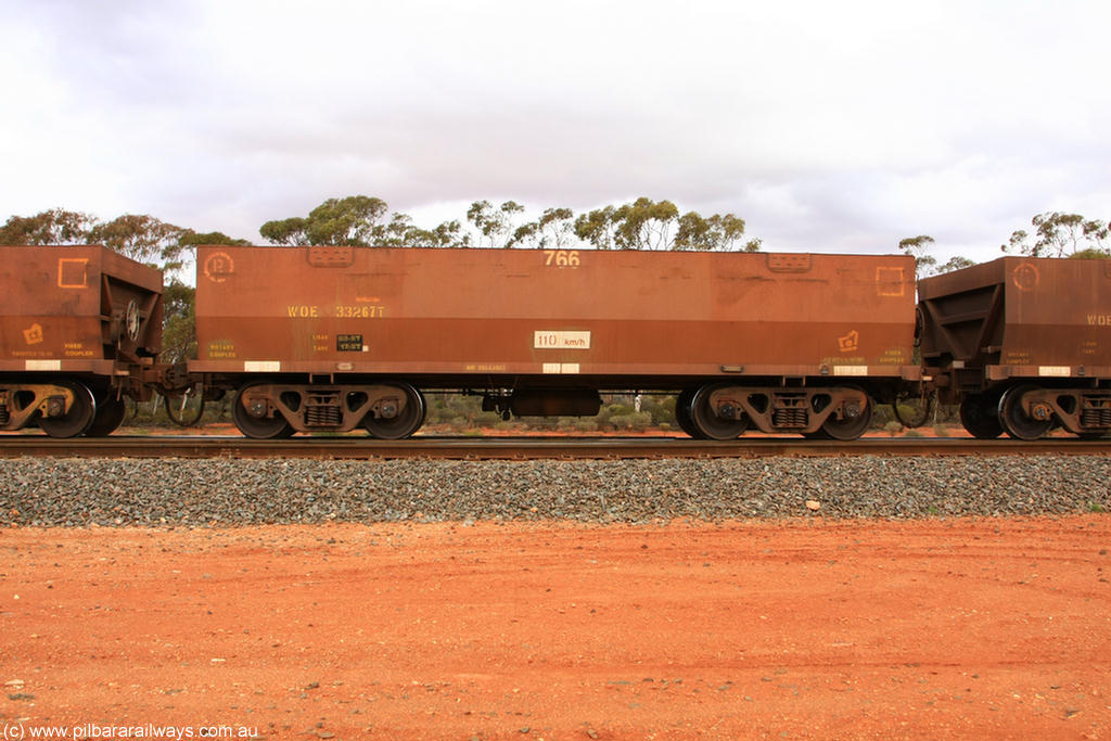 100822 5975
WOE type iron ore waggon WOE 33267 is one of a batch of thirty five built by Goninan WA between January and April 2005 with serial number 950104-007 and fleet number 766 for Koolyanobbing iron ore operations, Binduli Triangle 22nd August 2010.
Keywords: WOE-type;WOE33267;Goninan-WA;950104-007;
