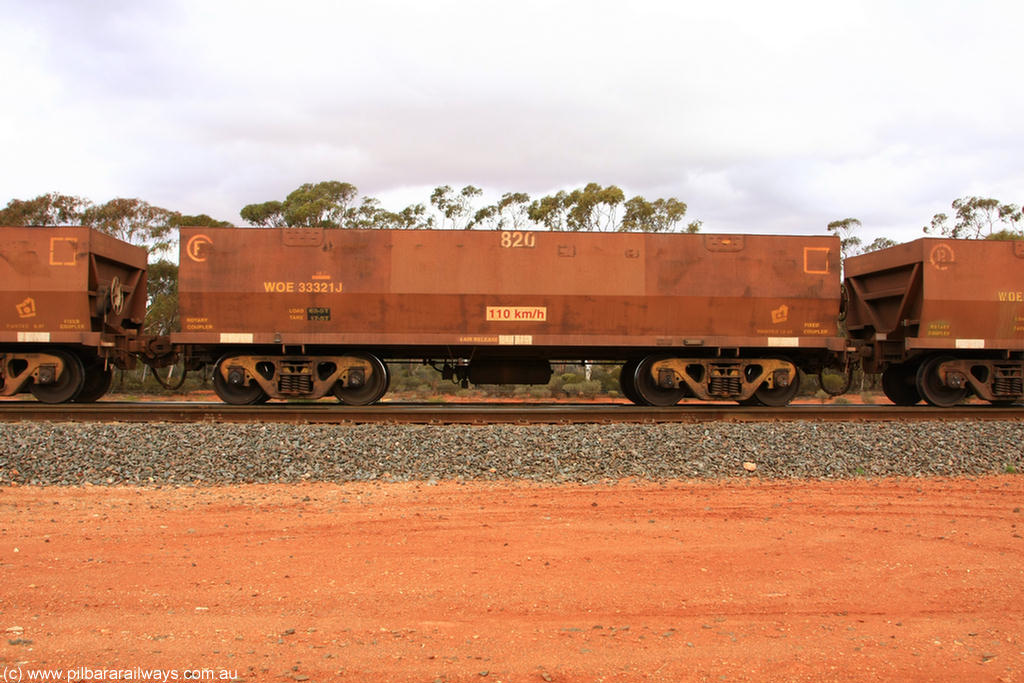 100822 5976
WOE type iron ore waggon WOE 33321 is one of a batch of one hundred and forty one built by United Goninan WA between November 2005 and April 2006 with serial number 950142-026 and fleet number 820 for Koolyanobbing iron ore operations, Binduli Triangle 22nd August 2010.
Keywords: WOE-type;WOE33321;United-Goninan-WA;950142-026;