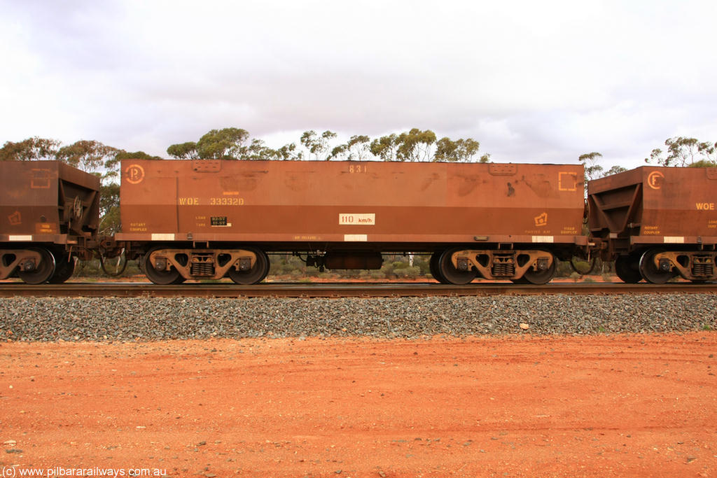 100822 5977
WOE type iron ore waggon WOE 33332 is one of a batch of one hundred and forty one built by United Goninan WA between November 2005 and April 2006 with serial number 950142-037 and fleet number 831 for Koolyanobbing iron ore operations, Binduli Triangle 22nd August 2010.
Keywords: WOE-type;WOE33332;United-Goninan-WA;950142-037;