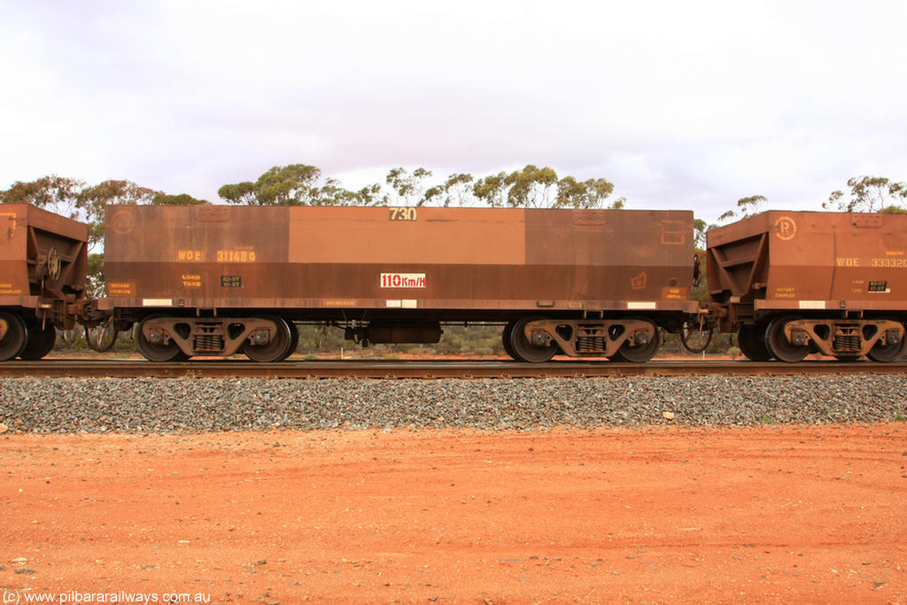 100822 5978
WOE type iron ore waggon WOE 31148 is one of a batch of fifteen built by Goninan WA between April and May 2002 with fleet number 730 for Koolyanobbing iron ore operations, Binduli Triangle 22nd August 2010.
Keywords: WOE-type;WOE31148;Goninan-WA;