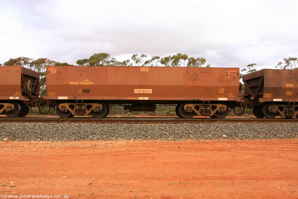 100822 5979
WOE type iron ore waggon WOE 33386 is one of a batch of one hundred and forty one built by United Group Rail WA between November 2005 and April 2006 with serial number 950142-091 and fleet number 885 for Koolyanobbing iron ore operations, Binduli Triangle 22nd August 2010.
Keywords: WOE-type;WOE33386;United-Group-Rail-WA;950142-091;