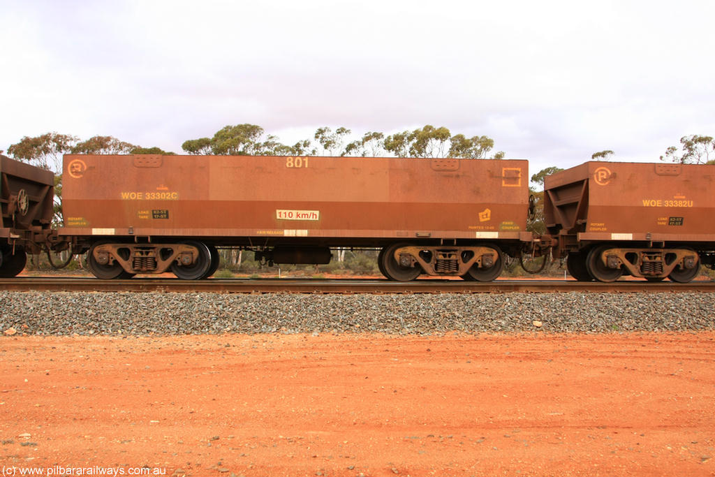 100822 5982
WOE type iron ore waggon WOE 33302 is one of a batch of one hundred and forty one built by United Goninan WA between November 2005 and April 2006 with serial number 950142-007 and fleet number 801 for Koolyanobbing iron ore operations, Binduli Triangle 22nd August 2010.
Keywords: WOE-type;WOE33302;United-Goninan-WA;950142-007;