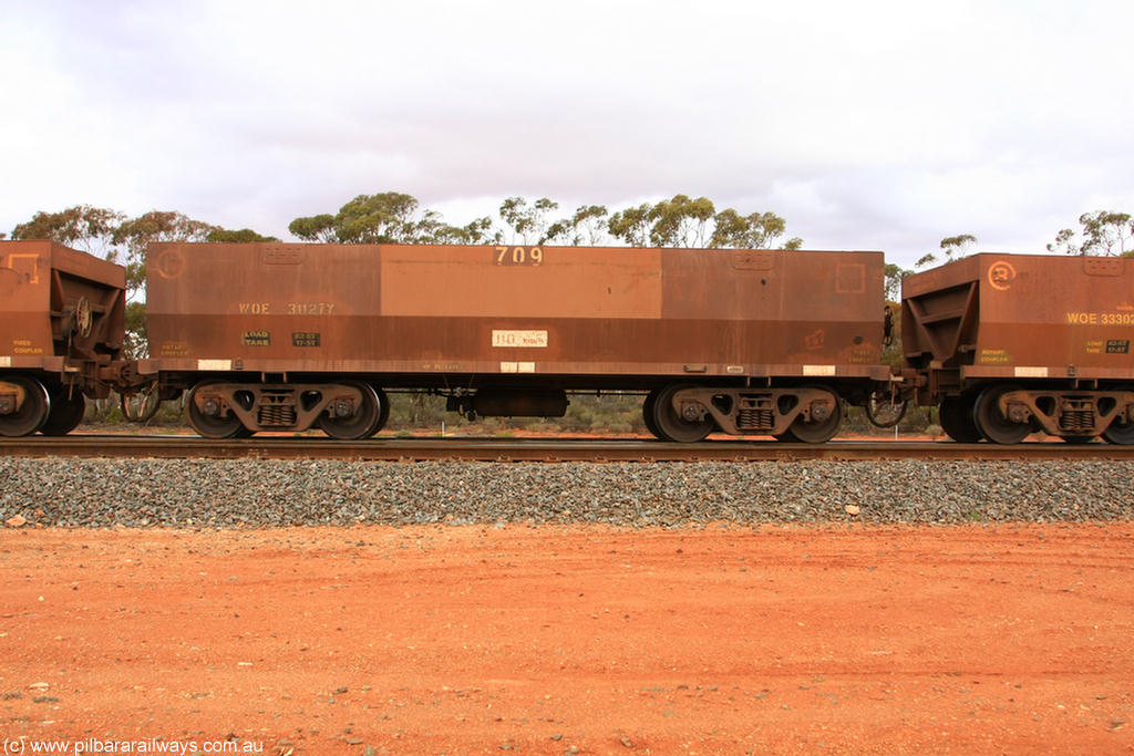 100822 5983
WOE type iron ore waggon WOE 31127 is one of a batch of one hundred and thirty built by Goninan WA between March and August 2001 with serial number 950092-117 and fleet number 709 for Koolyanobbing iron ore operations, Binduli Triangle 22nd August 2010.
Keywords: WOE-type;WOE31127;Goninan-WA;950092-117;