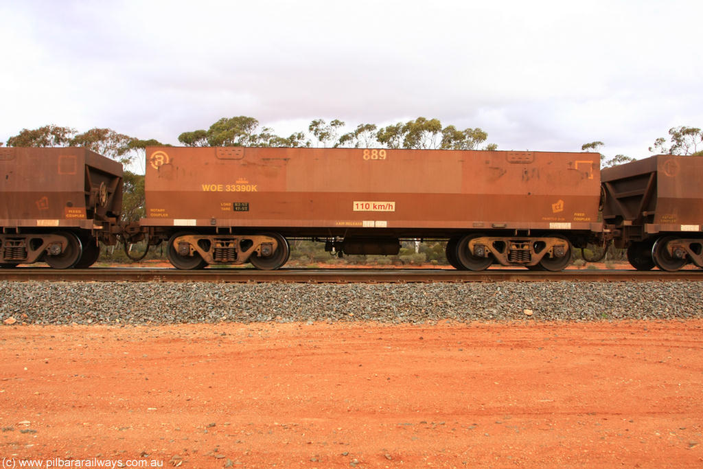 100822 5984
WOE type iron ore waggon WOE 33390 is one of a batch of one hundred and forty one built by United Group Rail WA between November 2005 and April 2006 with serial number 950142-095 and fleet number 889 for Koolyanobbing iron ore operations, Binduli Triangle 22nd August 2010.
Keywords: WOE-type;WOE33390;United-Group-Rail-WA;950142-095;