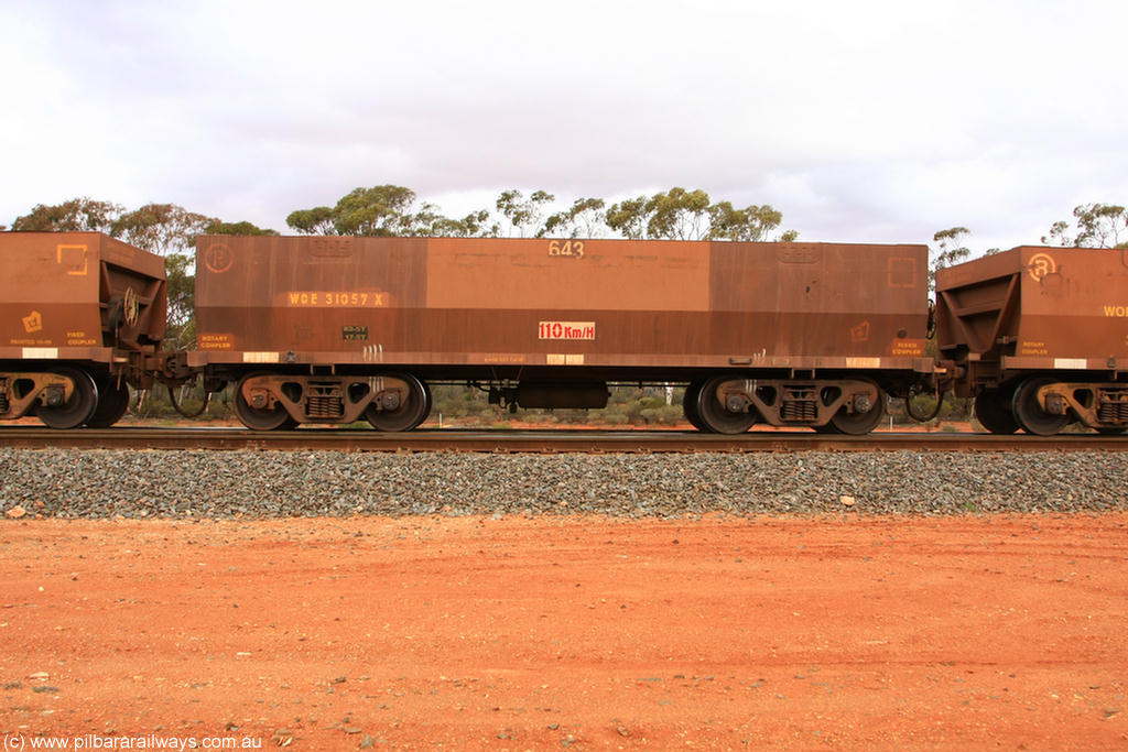 100822 5985
WOE type iron ore waggon WOE 31057 is one of a batch of fifteen built by Goninan WA between April and May 2002 with fleet number 643 for Koolyanobbing iron ore operations, Binduli Triangle 22nd August 2010.
Keywords: WOE-type;WOE31057;Goninan-WA;