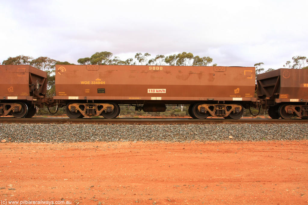 100822 5986
WOE type iron ore waggon WOE 33494 is one of a batch of one hundred and twenty eight built by United Group Rail WA between August 2008 and March 2009 with serial number 950211-034 and fleet number 9000 for Koolyanobbing iron ore operations, Binduli Triangle 22nd August 2010.
Keywords: WOE-type;WOE33494;United-Group-Rail-WA;950211-034;