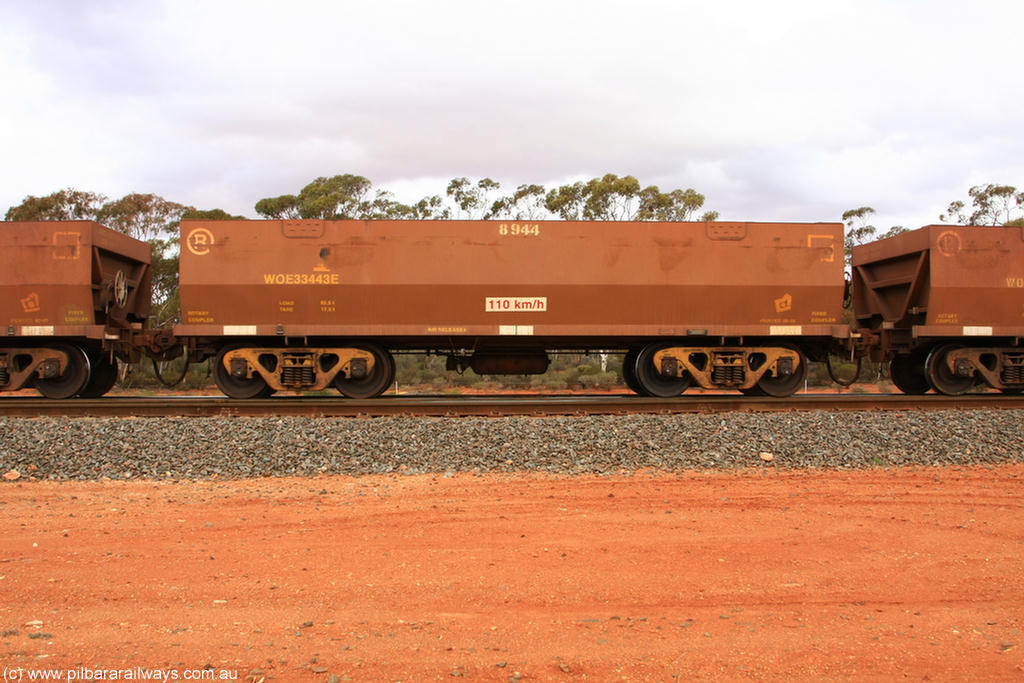 100822 5988
WOE type iron ore waggon WOE 33443 is one of a batch of seventeen built by United Group Rail WA between July and August 2008 with serial number 950209-007 and fleet number 8944 for Koolyanobbing iron ore operations, Binduli Triangle 22nd August 2010.
Keywords: WOE-type;WOE33443;United-Group-Rail-WA;950209-007;