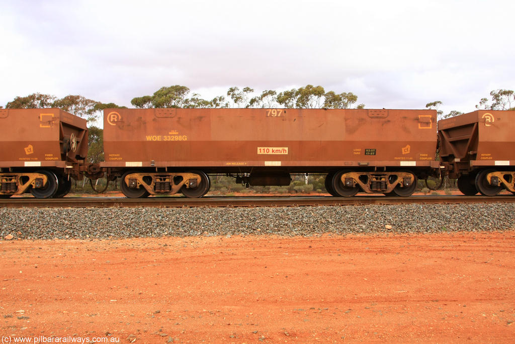 100822 5991
WOE type iron ore waggon WOE 33298 is one of a batch of one hundred and forty one built by United Goninan WA between November 2005 and April 2006 with serial number 950142-003 and fleet number 797 for Koolyanobbing iron ore operations, Binduli Triangle 22nd August 2010.
Keywords: WOE-type;WOE33298;United-Goninan-WA;950142-003;
