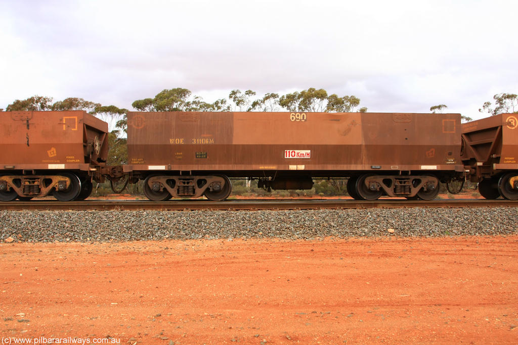 100822 5993
WOE type iron ore waggon WOE 31106 is one of a batch of one hundred and thirty built by Goninan WA between March and August 2001 with serial number 950092-096 and fleet number 690 for Koolyanobbing iron ore operations, Binduli Triangle 22nd August 2010.
Keywords: WOE-type;WOE31106;Goninan-WA;950092-096;
