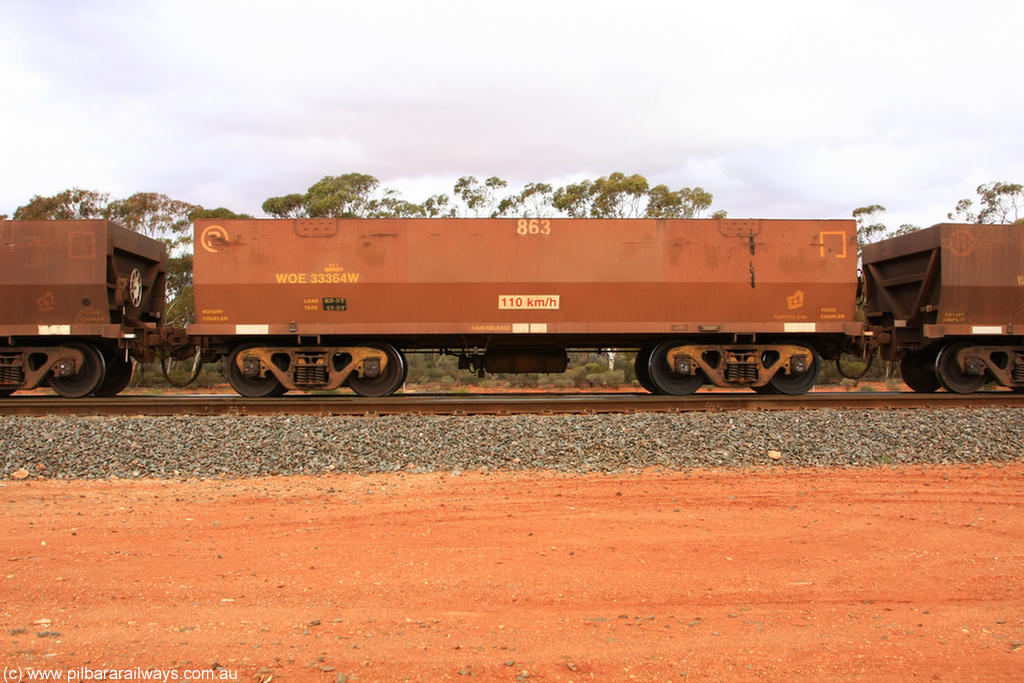 100822 5994
WOE type iron ore waggon WOE 33364 is one of a batch of one hundred and forty one built by United Goninan WA between November 2005 and April 2006 with serial number 950142-069 and fleet number 863 for Koolyanobbing iron ore operations, Binduli Triangle 22nd August 2010.
Keywords: WOE-type;WOE33364;United-Goninan-WA;950142-069;