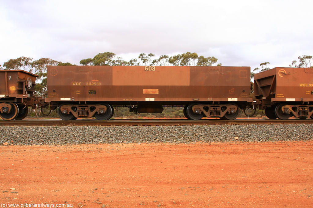 100822 5995
WOE type iron ore waggon WOE 30253 is one of a batch of one hundred and thirty built by Goninan WA between March and August 2001 with serial number 950092-003 and fleet number 603 for Koolyanobbing iron ore operations of Portman Mining, Binduli Triangle 22nd August 2010.
Keywords: WOE-type;WOE30253;Goninan-WA;950092-003;