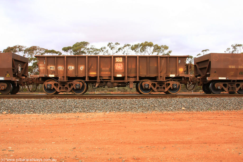 100822 5996
WO type iron ore waggon WO 31405 is one of a batch of eleven replacement waggons built by WAGR Midland Workshops between 1970 and 1971 with fleet number 183 for Koolyanobbing iron ore operations, with a 75 ton and 1018 ft³ capacity, Binduli Triangle 22nd August 2010.
Keywords: WO-type;WO31405;WAGR-Midland-WS;