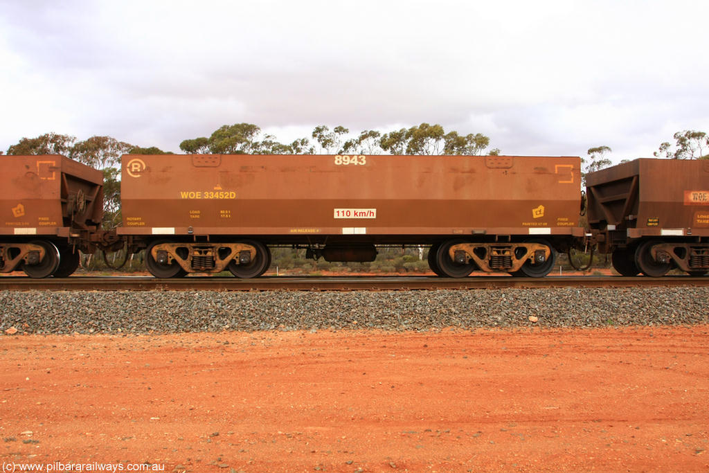 100822 5998
WOE type iron ore waggon WOE 33452 is one of a batch of seventeen built by United Group Rail WA between July and August 2008 with serial number 950209-016 and fleet number 8943 for Koolyanobbing iron ore operations, Binduli Triangle 22nd August 2010.
Keywords: WOE-type;WOE33452;United-Group-Rail-WA;950209-016;